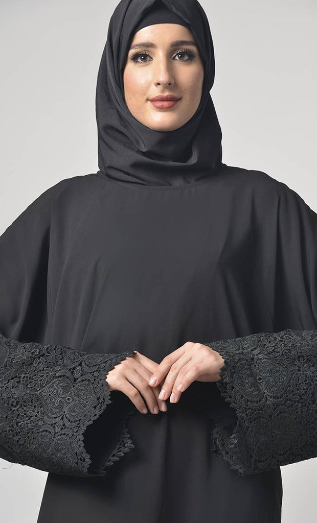 Black Lace Detailing On Sleeves Abaya - EastEssence.com