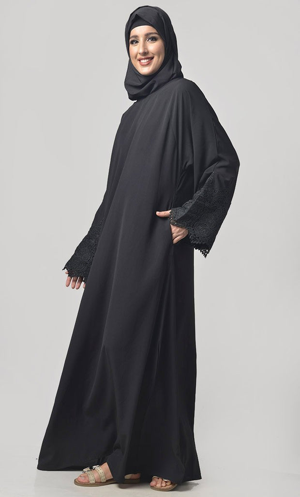 Black Lace Detailing On Sleeves Abaya - EastEssence.com