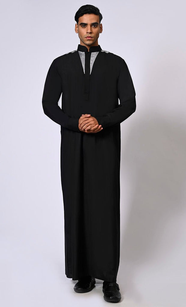 Black Men's Thobe with Satin Stitch Embroidery and Pockets - EastEssence.com