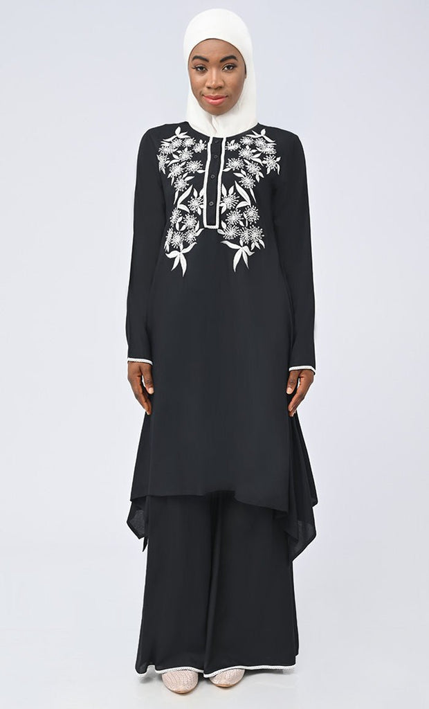 Black Modest Islamic Embroidered Set With Hijab And Pockets - EastEssence.com