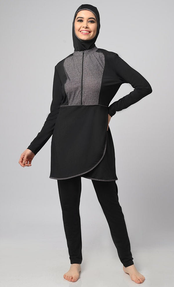 Black Overlap Modest Printed Yoke Detailing Swim Suit With Cap - EastEssence.com