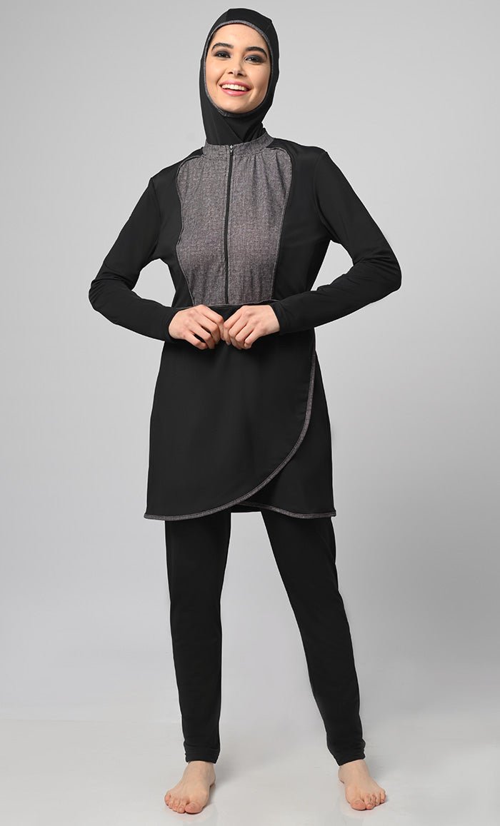 Black Overlap Modest Printed Yoke Detailing Swim Suit With Cap - EastEssence.com