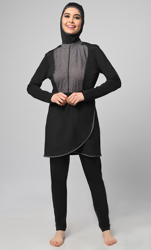 Black Overlap Modest Printed Yoke Detailing Swim Suit With Cap - EastEssence.com