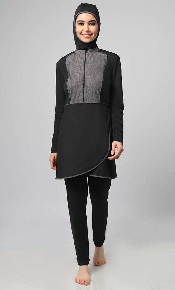 Black Overlap Modest Printed Yoke Detailing Swim Suit With Cap - EastEssence.com