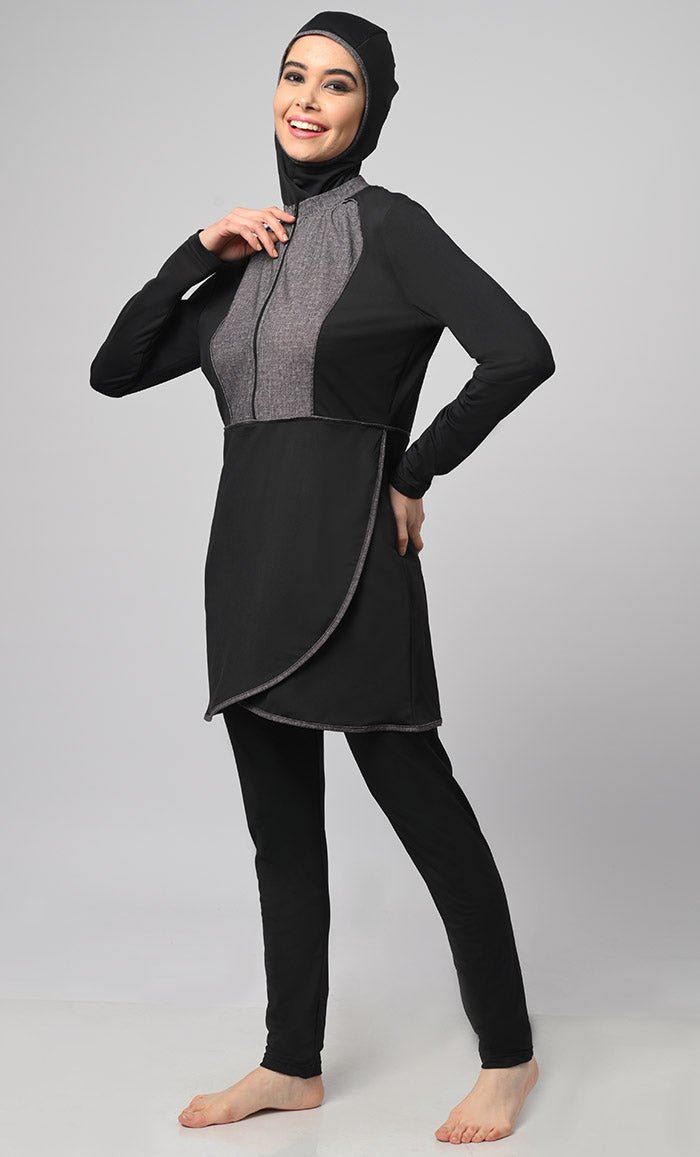 Black Overlap Modest Printed Yoke Detailing Swim Suit With Cap - EastEssence.com