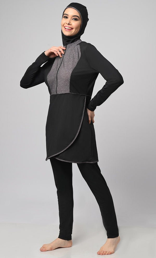 Black Overlap Modest Printed Yoke Detailing Swim Suit With Cap - EastEssence.com