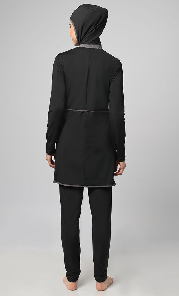 Black Overlap Modest Printed Yoke Detailing Swim Suit With Cap - EastEssence.com