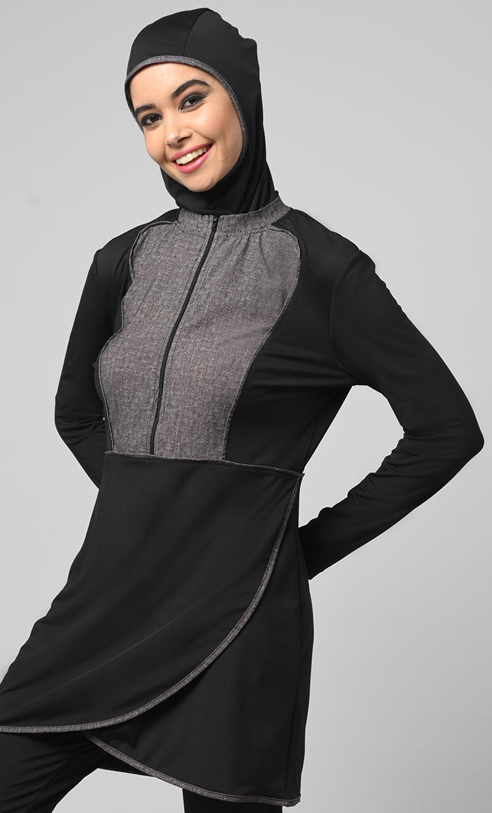 Black Overlap Modest Printed Yoke Detailing Swim Suit With Cap - EastEssence.com