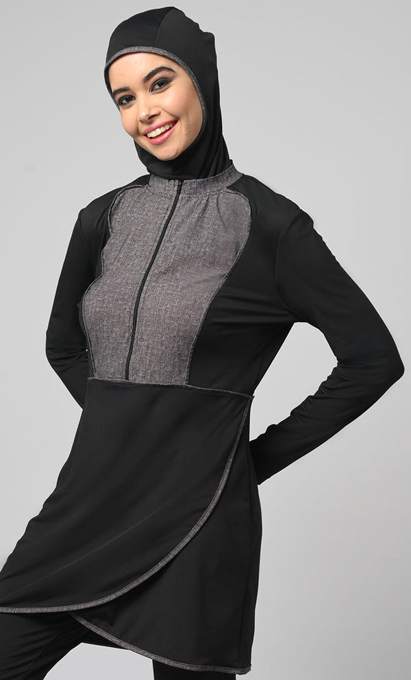 Black Overlap Modest Printed Yoke Detailing Swim Suit With Cap - EastEssence.com