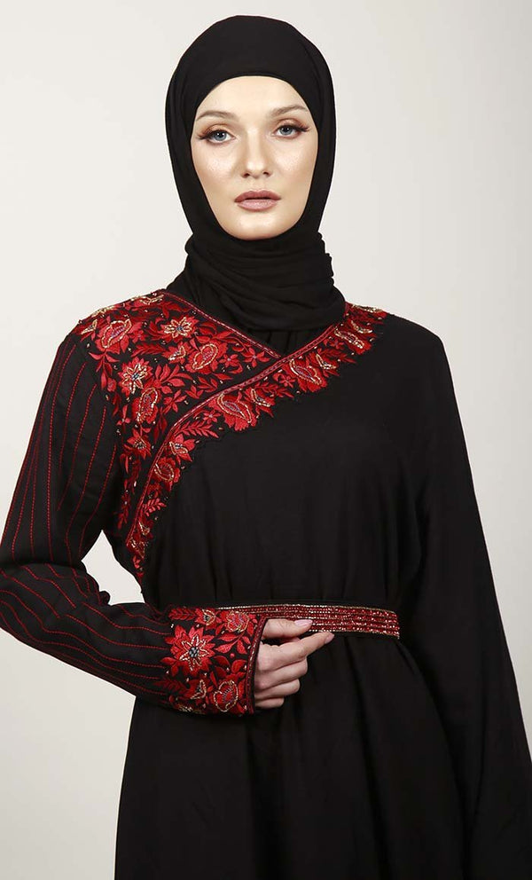 Black Semi Kaftan Embroidered Abaya With Graceful Lace On Border - EastEssence.com