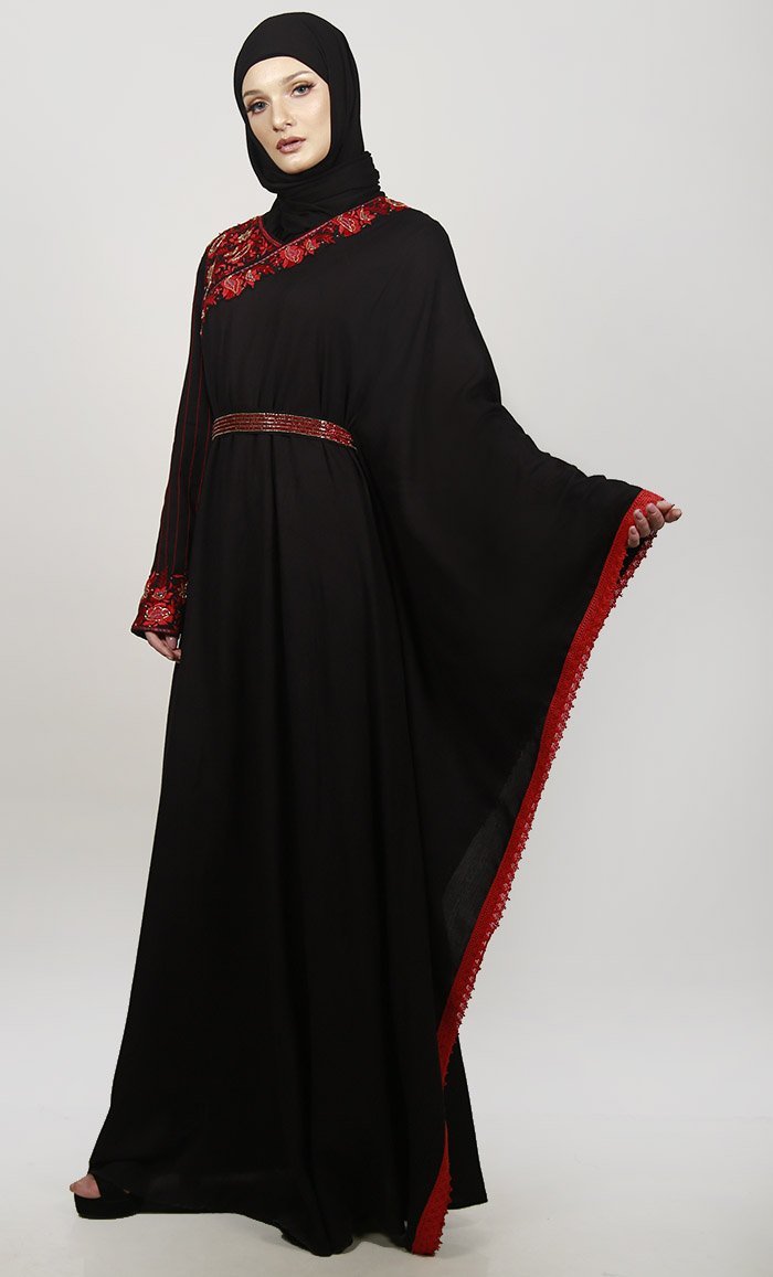 Black Semi Kaftan Embroidered Abaya With Graceful Lace On Border - EastEssence.com