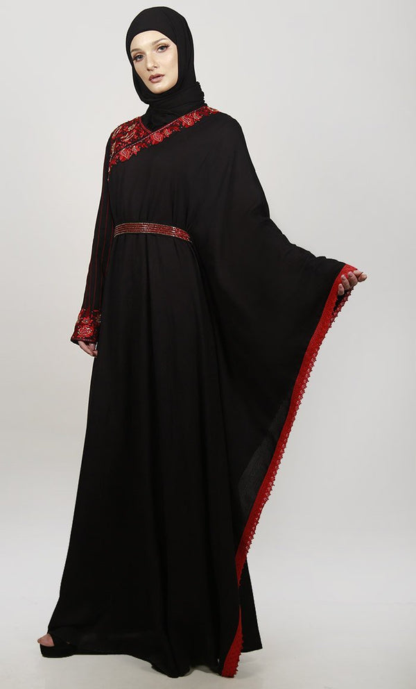 Black Semi Kaftan Embroidered Abaya With Graceful Lace On Border - EastEssence.com