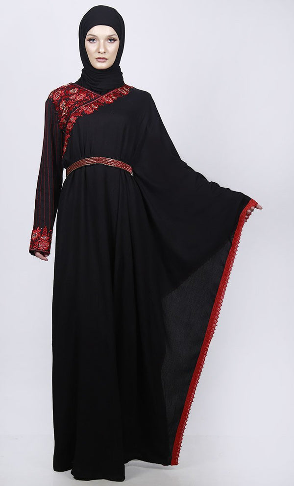 Black Semi Kaftan Embroidered Abaya With Graceful Lace On Border - EastEssence.com