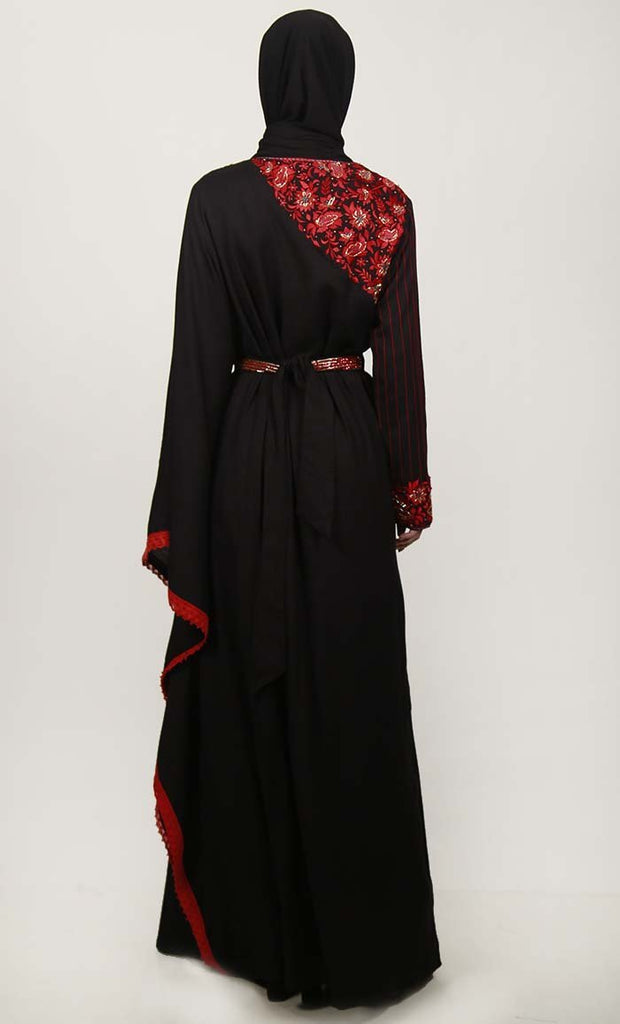 Black Semi Kaftan Embroidered Abaya With Graceful Lace On Border - EastEssence.com