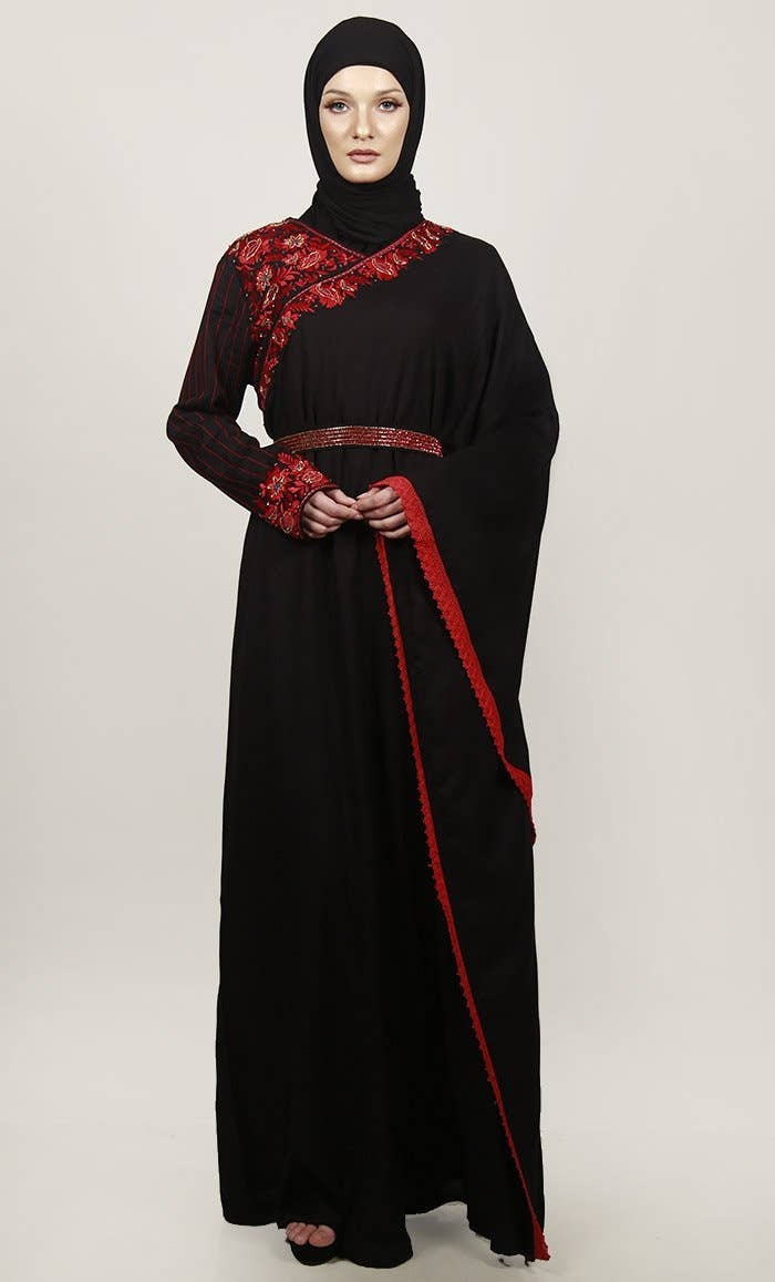 Black Semi Kaftan Embroidered Abaya With Graceful Lace On Border - EastEssence.com