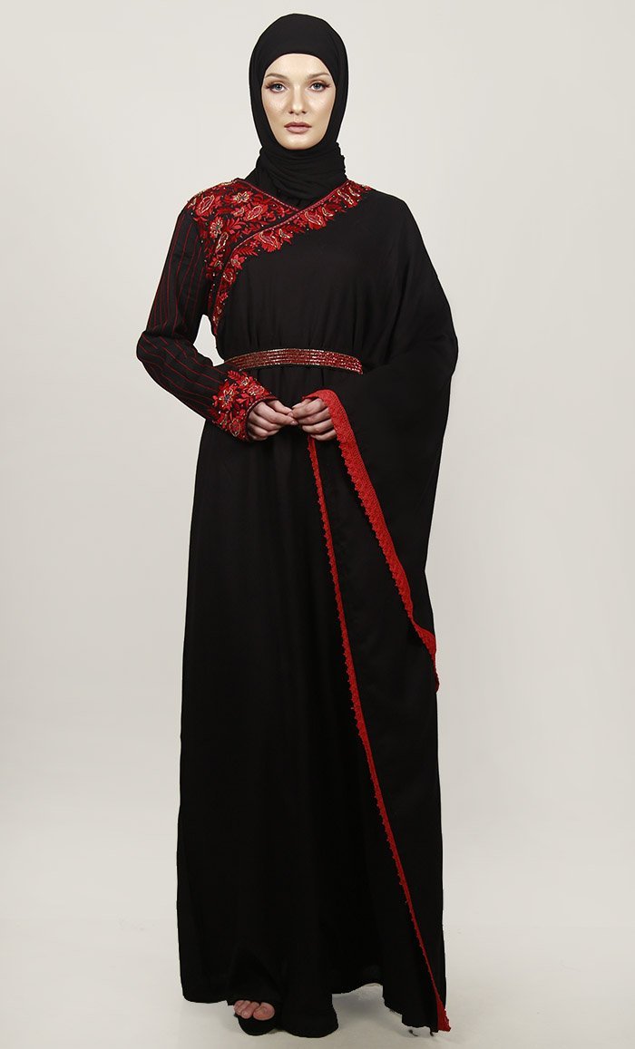 Black Semi Kaftan Embroidered Abaya With Graceful Lace On Border - EastEssence.com