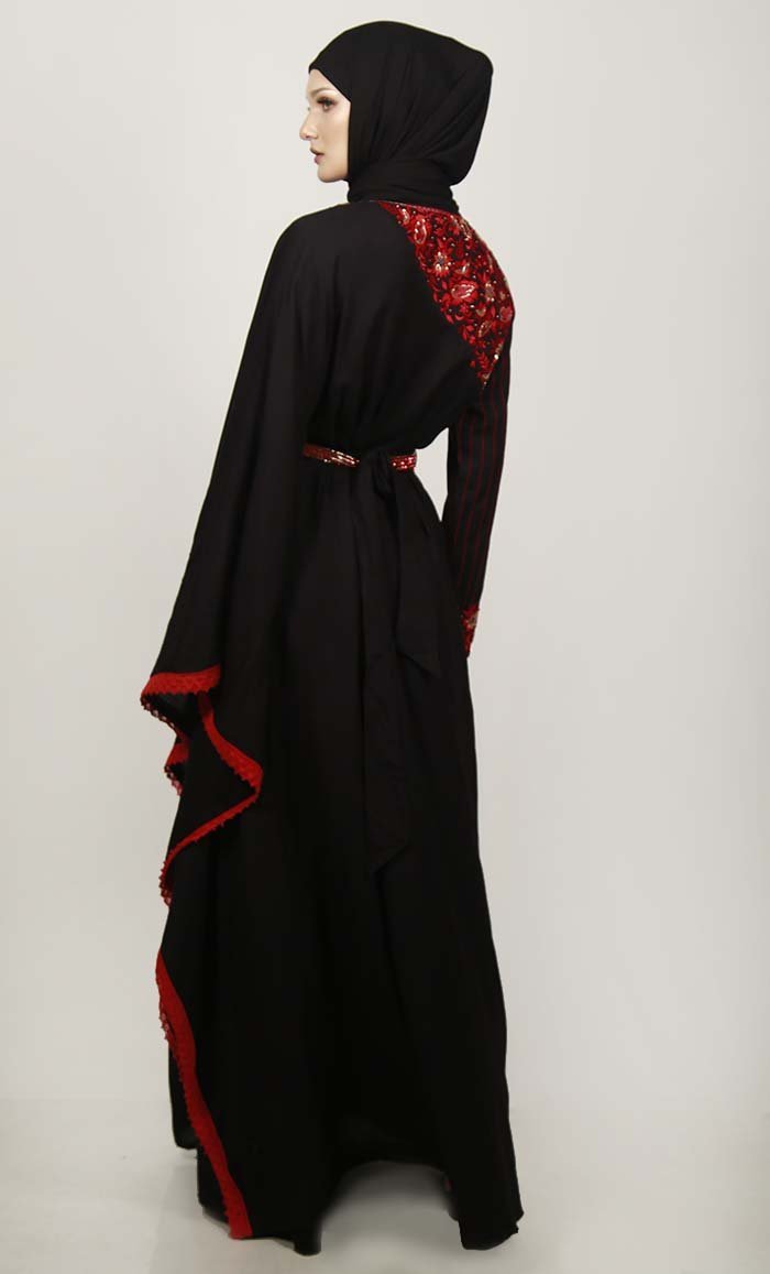 Black Semi Kaftan Embroidered Abaya With Graceful Lace On Border - EastEssence.com