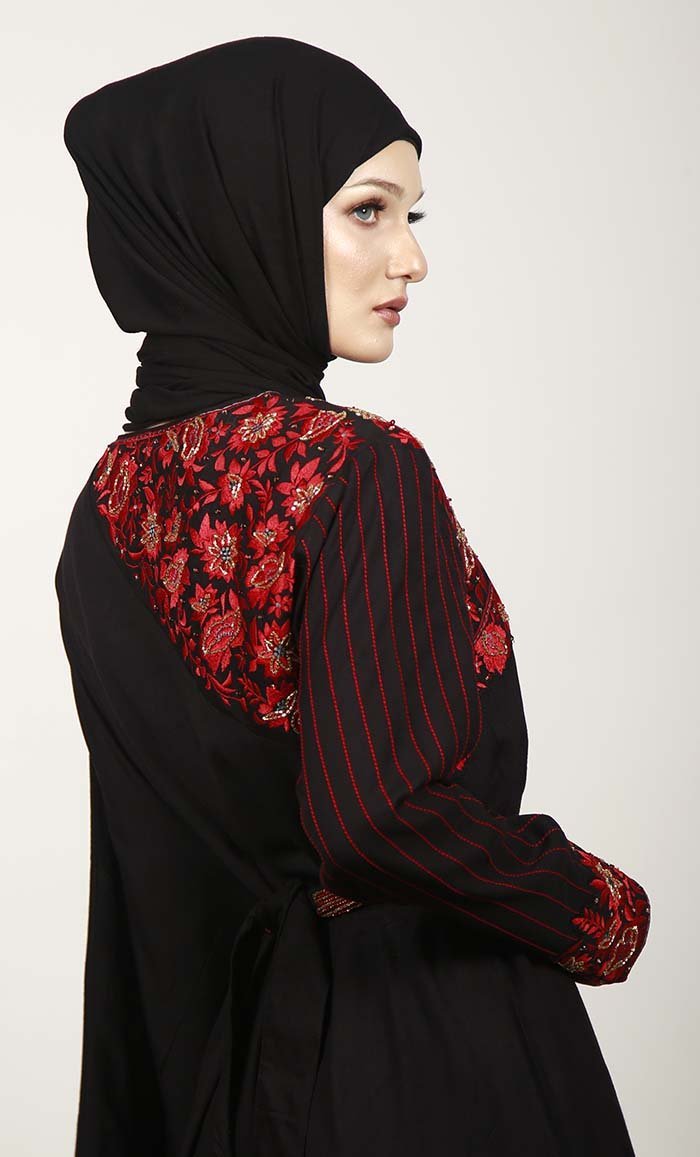 Black Semi Kaftan Embroidered Abaya With Graceful Lace On Border - EastEssence.com