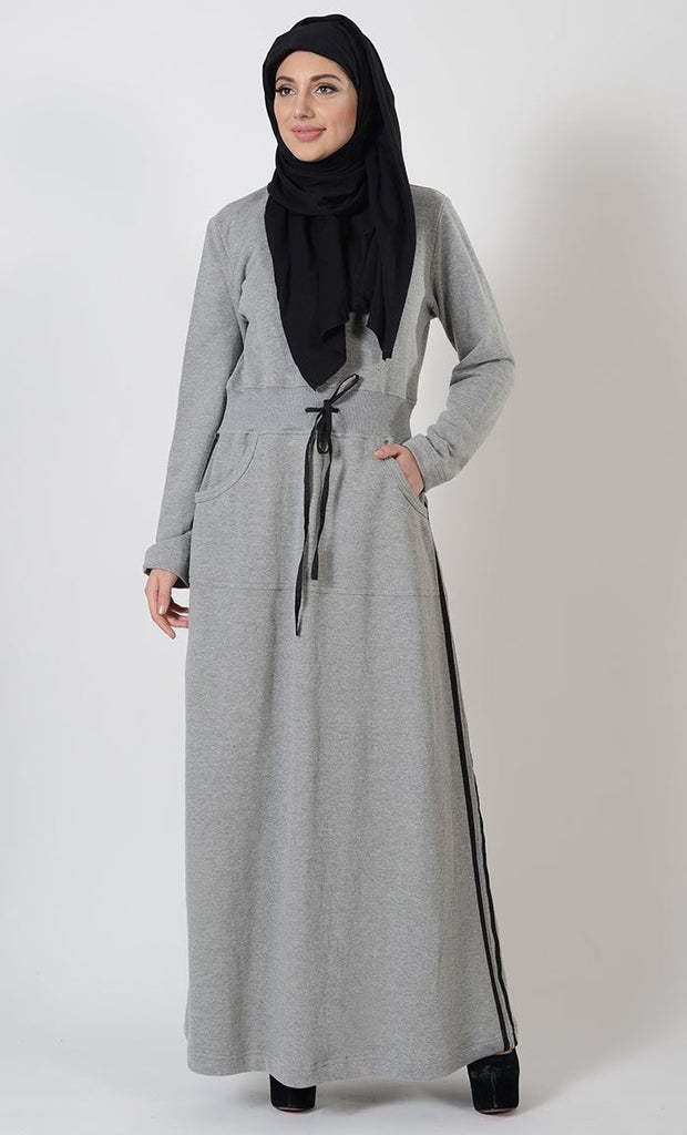Black Stripe Fleece Blend Activewear Abaya - EastEssence.com