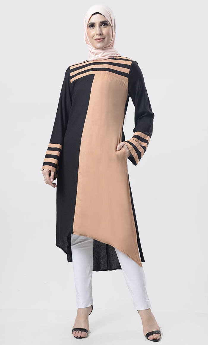 Black Striped Detailing Multi-Panel Tunic - EastEssence.com