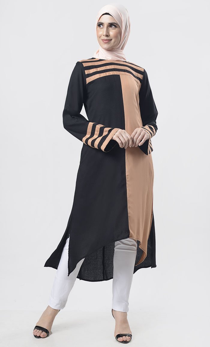 Black Striped Detailing Multi-Panel Tunic - EastEssence.com