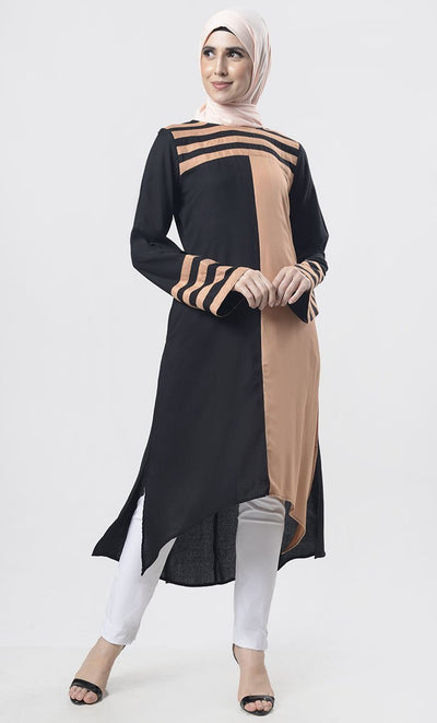 Black Striped Detailing Multi-Panel Tunic - EastEssence.com