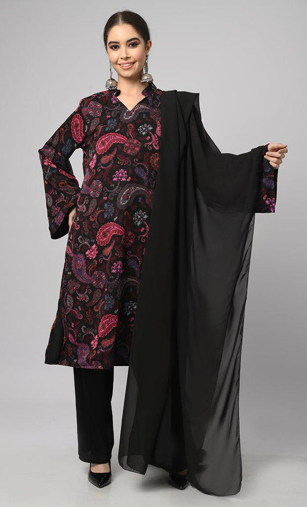 Black Style Paisley Printed Salwar Kameez Set With Black Georgette Dupatta - EastEssence.com