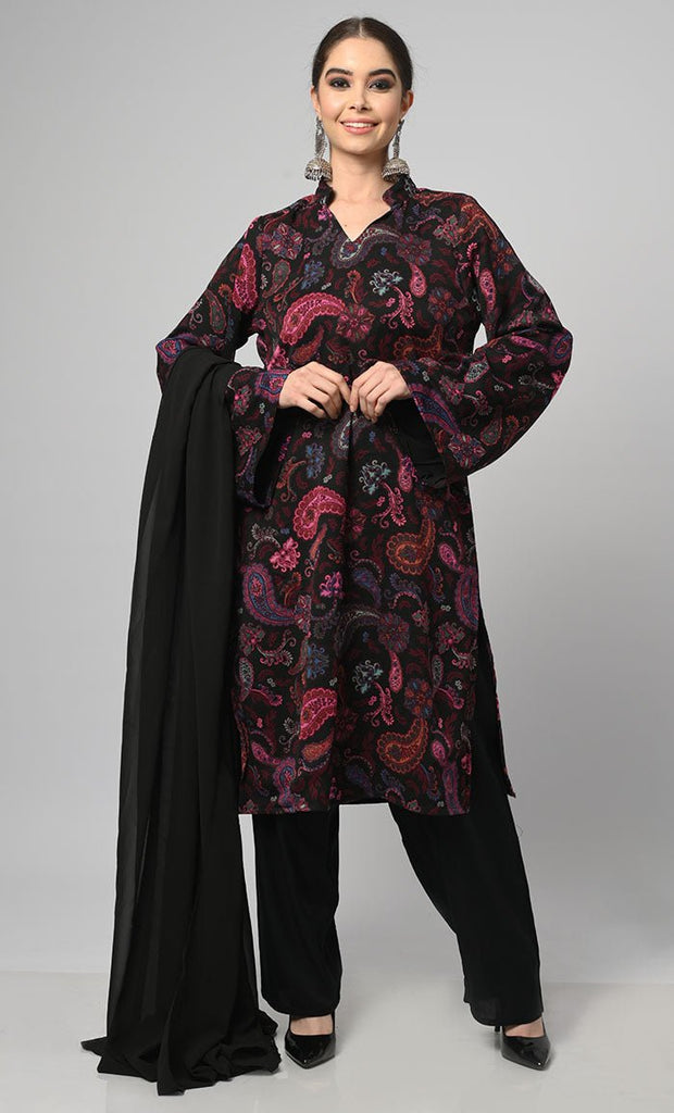 Black Style Paisley Printed Salwar Kameez Set With Black Georgette Dupatta - EastEssence.com