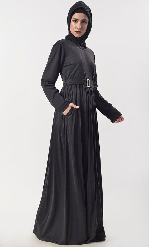 Black Stylist Jersey Abaya With Pockets - EastEssence.com