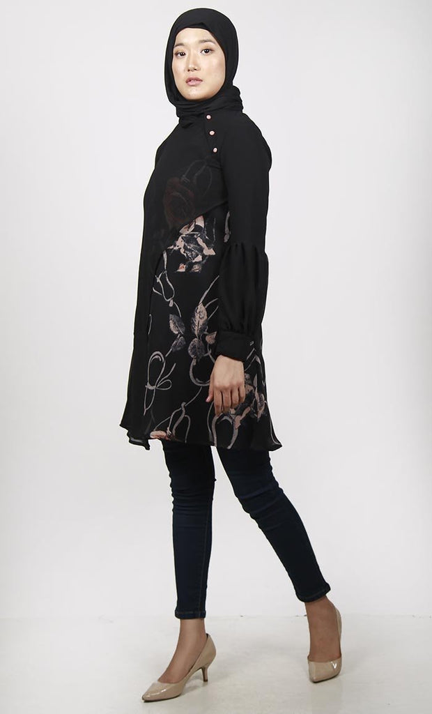 Black Two Layered Abstract Printed Georgette Tunic - EastEssence.com