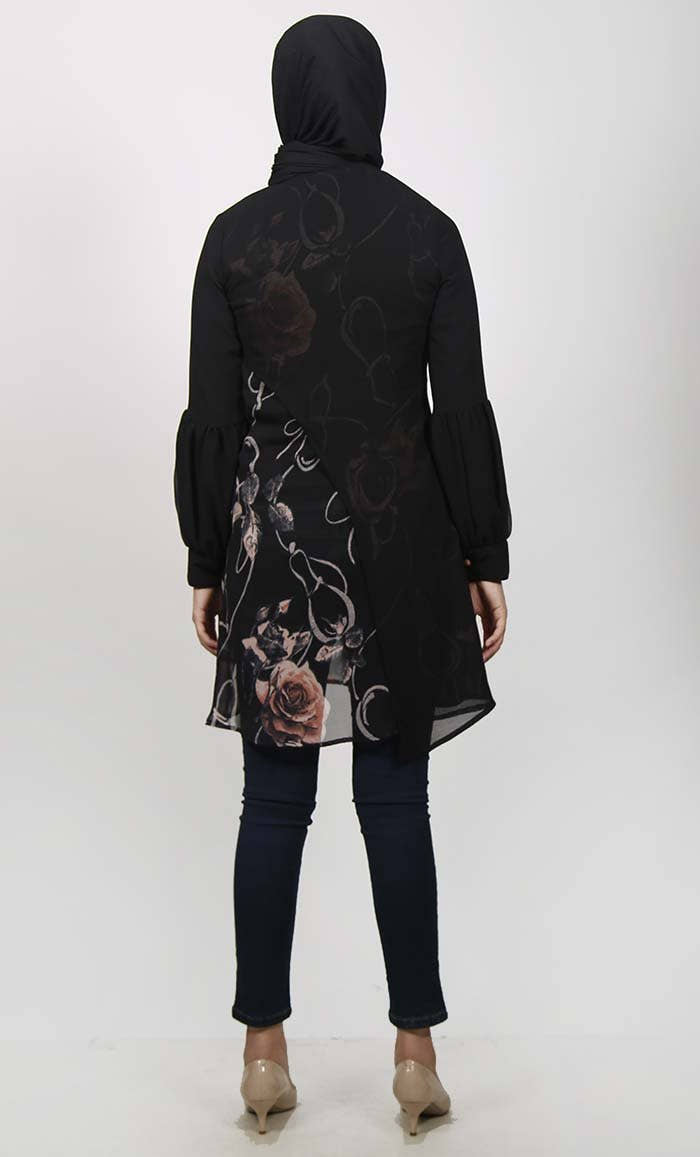 Black Two Layered Abstract Printed Georgette Tunic