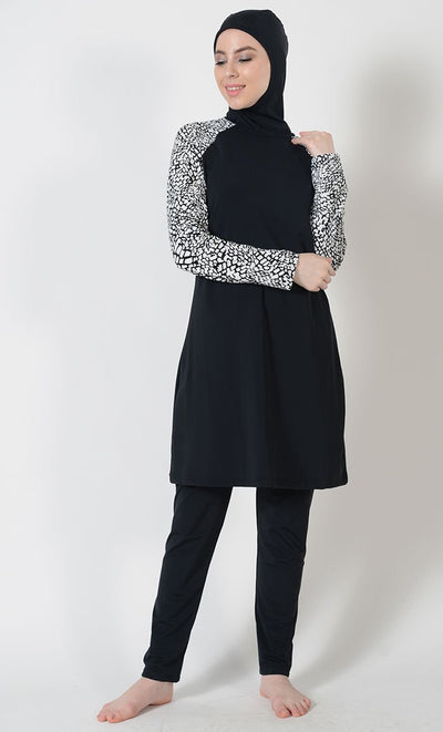 Black White Print Swimwear Burkini-Final Sale - EastEssence.com