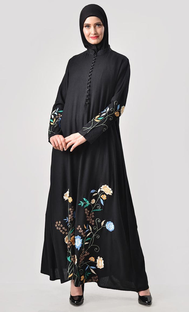 Bloom with Shine Embroidered Abaya-Black - EastEssence.com