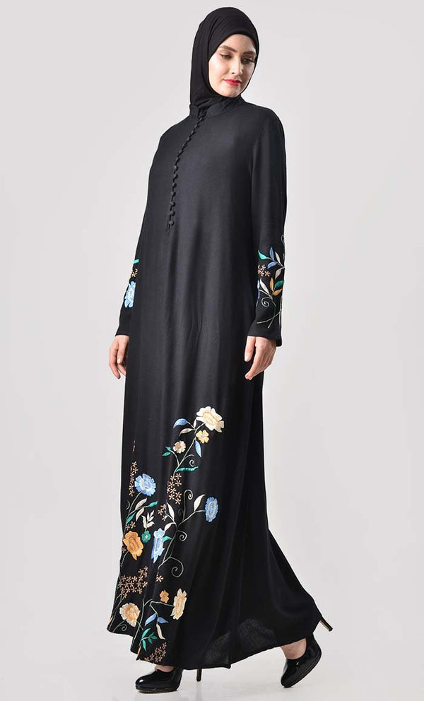 Bloom with Shine Embroidered Abaya-Black - EastEssence.com