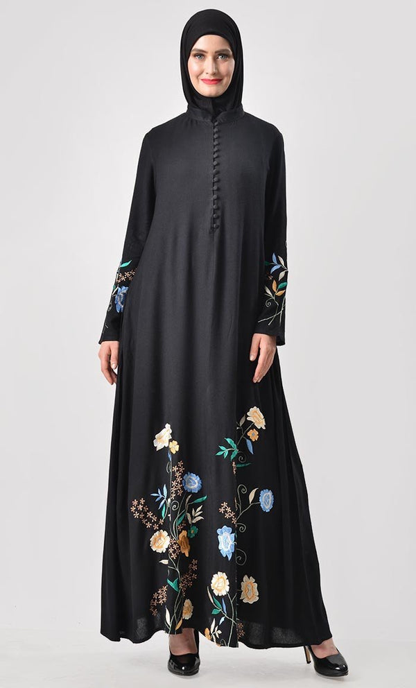 Bloom with Shine Embroidered Abaya-Black - EastEssence.com