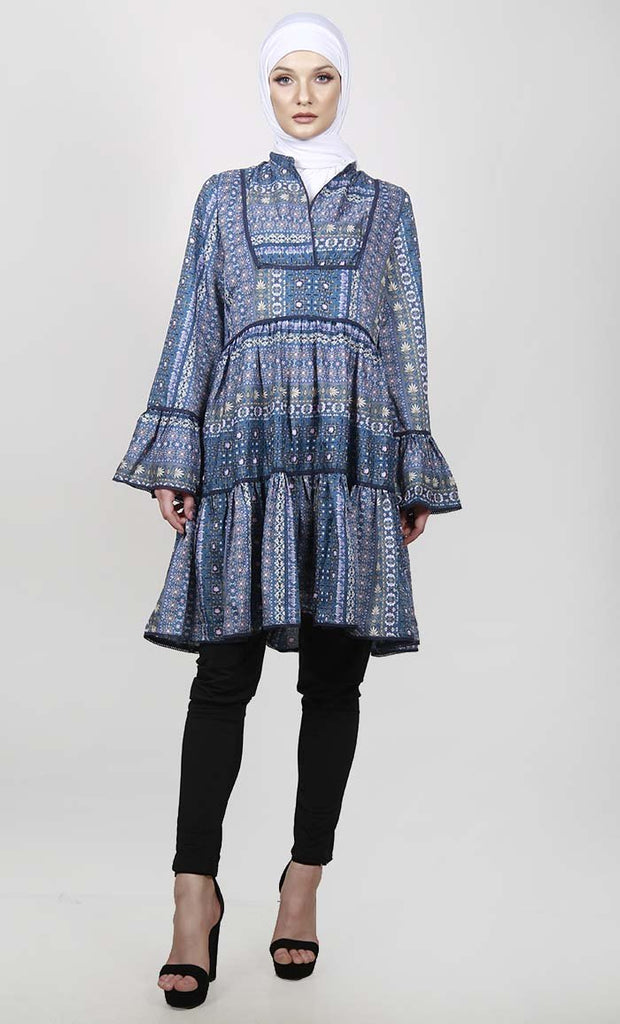 Blue Tribal Printed Double Tiered Tunic With Graceful Lace - EastEssence.com