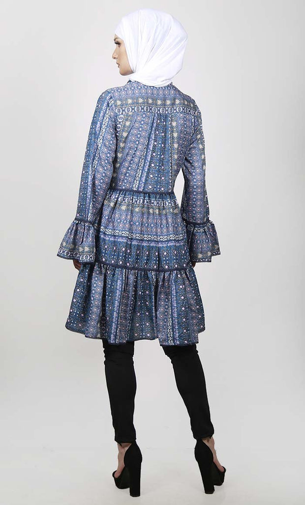 Blue Tribal Printed Double Tiered Tunic With Graceful Lace - EastEssence.com