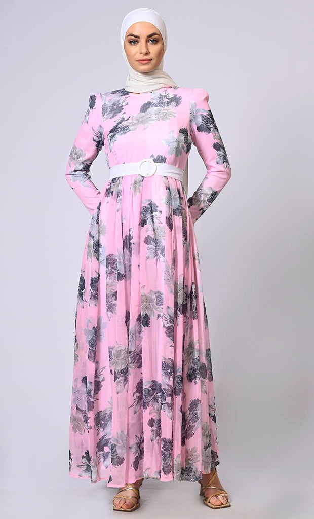 Blushing Pink Floral Printed Flared Abaya with Belt and Hijab - EastEssence.com