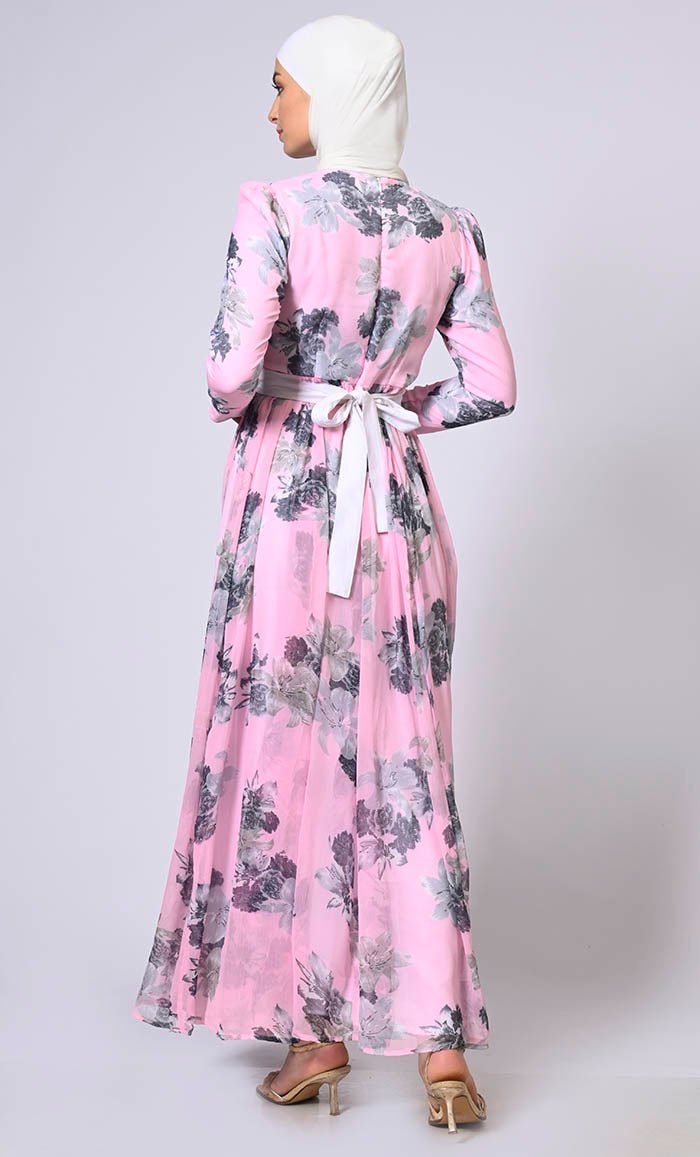 Blushing Pink Floral Printed Flared Abaya