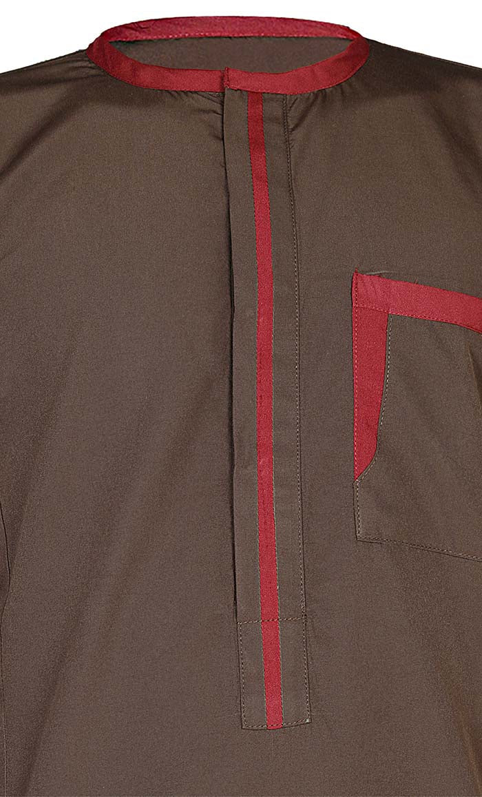 Boys Islamic Brown Uniform Thobe With Maroon Crepe Detailing On Placket And Pocket - EastEssence.com