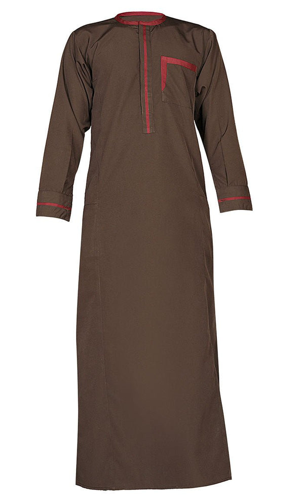 Boys Islamic Brown Uniform Thobe With Maroon Crepe Detailing On Placket And Pocket - EastEssence.com