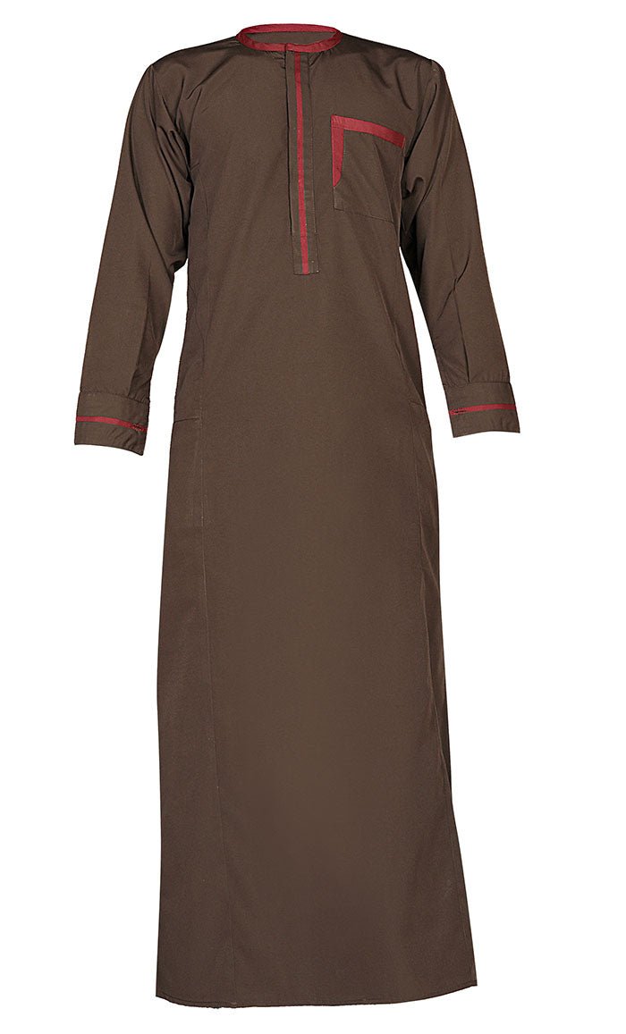 Boys Islamic Brown Uniform Thobe With Maroon Crepe Detailing On Placket And Pocket - EastEssence.com