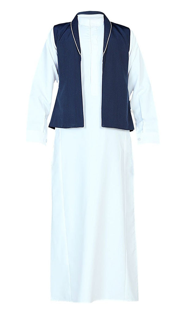 Boys Islamic White Uniform Thobe With Blue Jacket - EastEssence.com