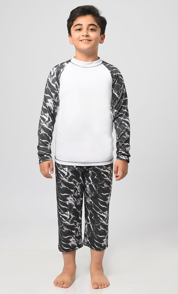 Boy's Marble Printed Swimsuit - 2Pc Set - EastEssence.com