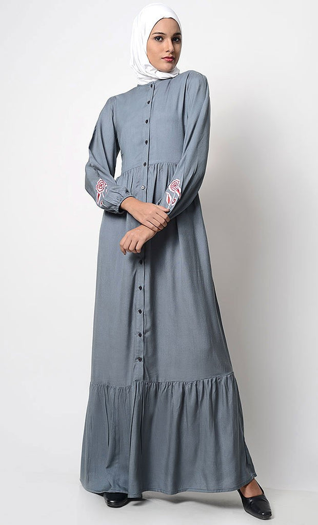 Bright Floral Embroidered Front Open Abaya-Gray - EastEssence.com