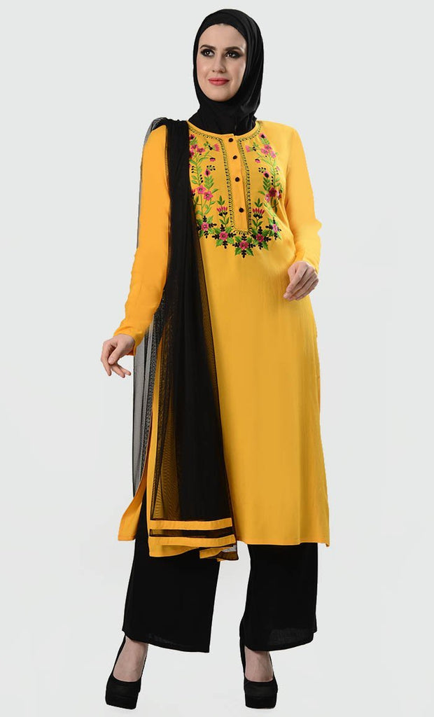 Bright Summer Embroidred Floral 3Pc Suit Set - Yellow - EastEssence.com