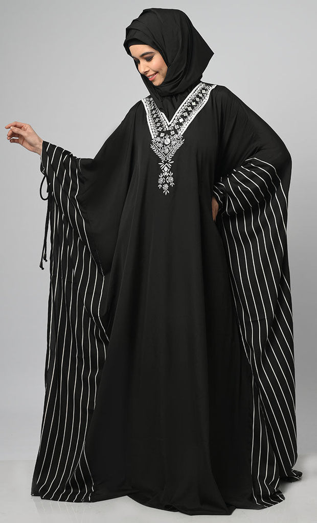 Brittany Black & White Stripe Side Print Kaftan Style Long Abaya - EastEssence.com