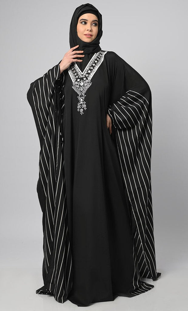 Brittany Black & White Stripe Side Print Kaftan Style Long Abaya - EastEssence.com
