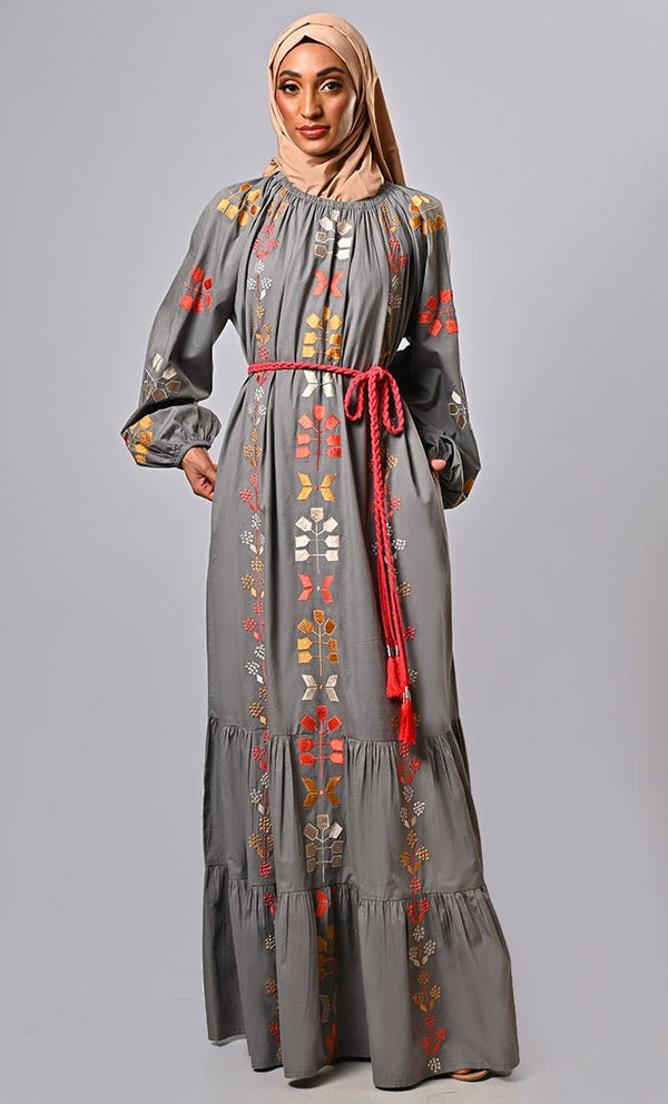 Burma Inspired Bohemian Machine-Embroidered Heavy Abaya with braided belt - EastEssence.com
