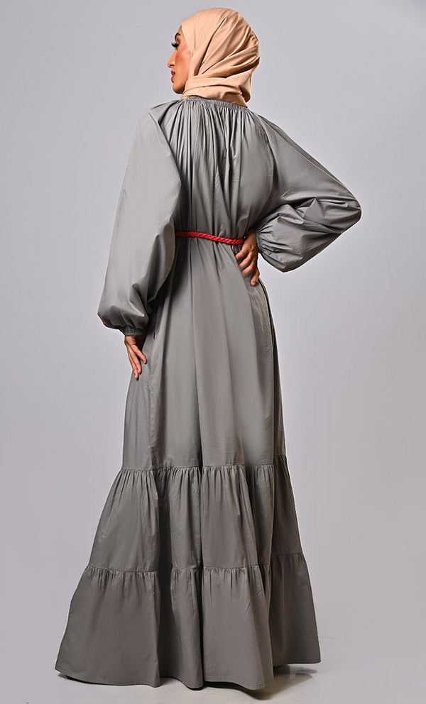 Burma Inspired Bohemian Machine-Embroidered Heavy Abaya with braided belt - EastEssence.com